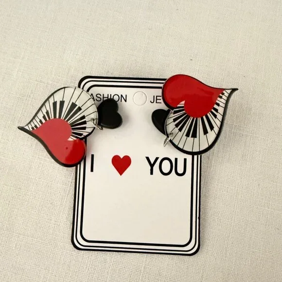 Piano Heart Earrings Black Red Music Lover Acrylic Dangle Earrings - Picture 4 of 8
